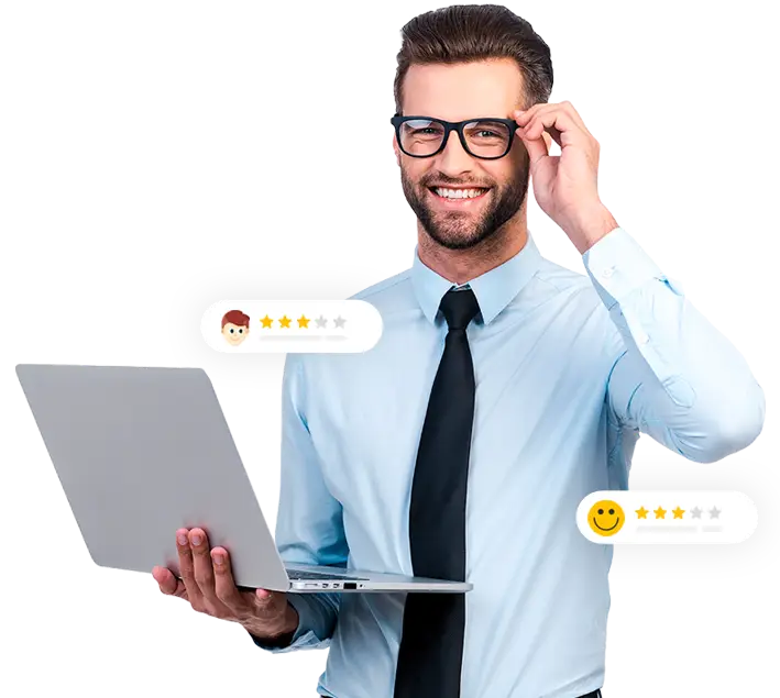 a man holding a laptop in his arms that showing 5 star ratings